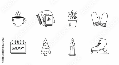 Illustrations of various winter and holiday-themed objects and activities Vector