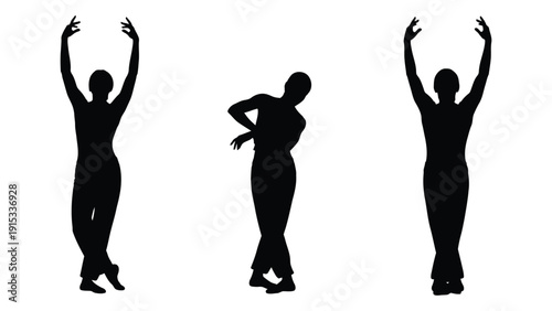 Three silhouettes of people dancing with their arms raised in the air. isolated on white background, Vector