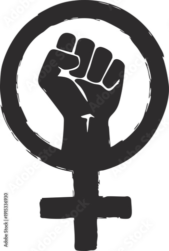 Flat cartoon Venus symbol with raised fist inside, strong and empowering design for women’s rights.
