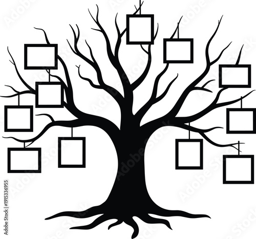 Family tree silhouette with blank photo frames, genealogy ancestry chart template, heritage and family history concept vector illustration isolated on white background