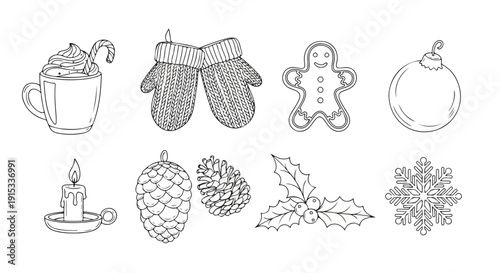 A delightful collection of intricate holiday-themed line drawings. Vector