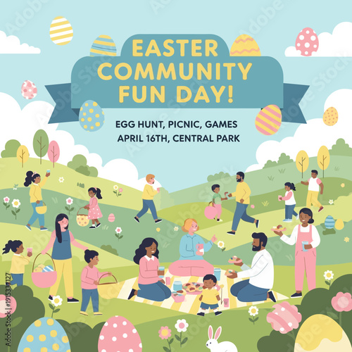 Colorful Easter community event poster with people having fun in Central Park isolated on White Background