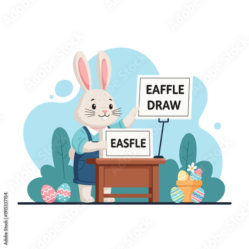 Easter raffle draw illustration with cartoon rabbit isolated on White Background