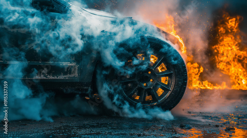 Burning sports car with intense blue smoke and orange flames during burnout, dramatic automotive action