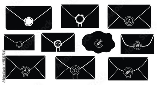 A Collection of Elegant Black Envelopes Sealed with Wax Emblems and Monograms