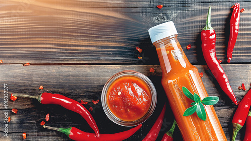 Rustic hot sauce bottle with fresh red chili peppers on dark wooden background, spicy food photography, top view