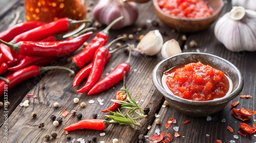 Fresh red chili peppers, garlic and spicy chili paste on rustic wooden table