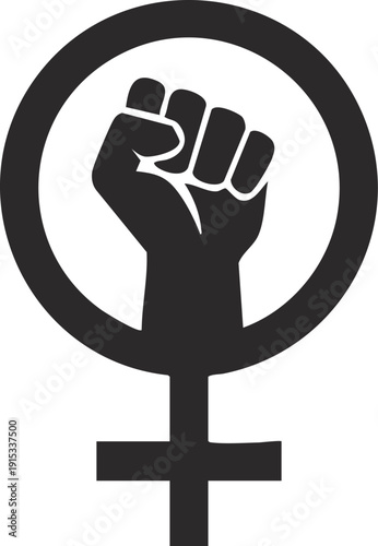 Flat cartoon Venus symbol with raised fist inside, strong and empowering design for women’s rights.