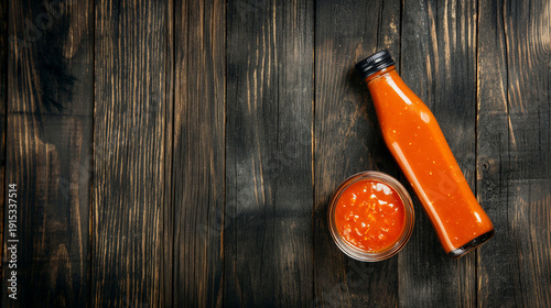 Bottle of hot sauce and jar of spicy salsa on dark wooden table, top view
