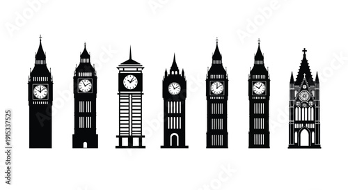 A diverse collection of silhouette icons representing famous clock towers from around the world