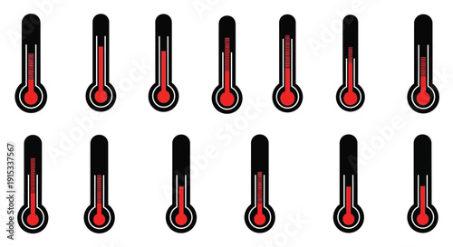 An illustrative display of thermometers showcasing varying red liquid levels and temperature