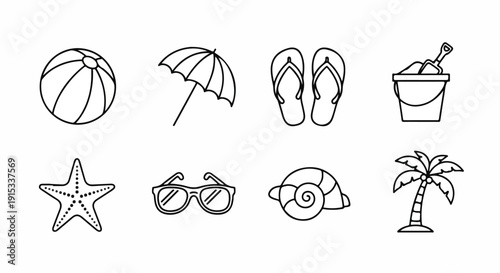 A delightful illustration of various beach and summer items in a simple line drawing style Vector