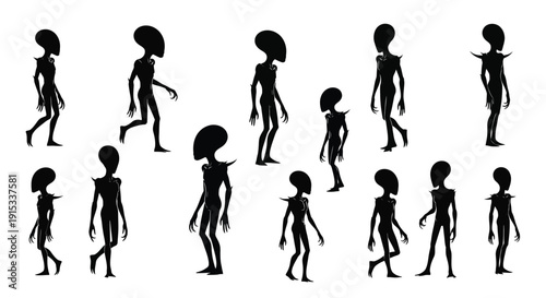 Array of Alien Silhouettes Demonstrating Various Poses and Movements for Animation and Design