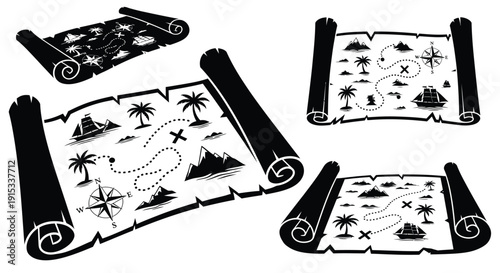 Collection of ancient treasure maps with compass rose and pirate ship illustrations