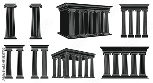 Collection of Ancient Greek Roman Architectural Column Designs and Temple Facades