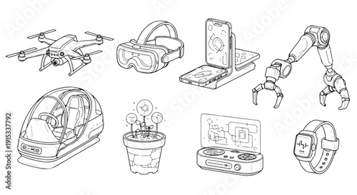 Diverse collection of futuristic technology and robotics concepts Vector