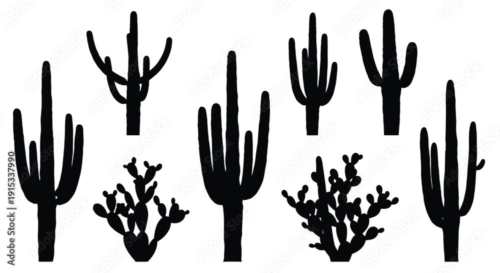 Fototapeta premium collection of diverse desert cactus silhouettes against a pure white background for graphic design