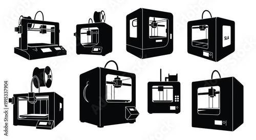 Collection of diverse 3d printing machines presented in silhouette for modern manufacturing