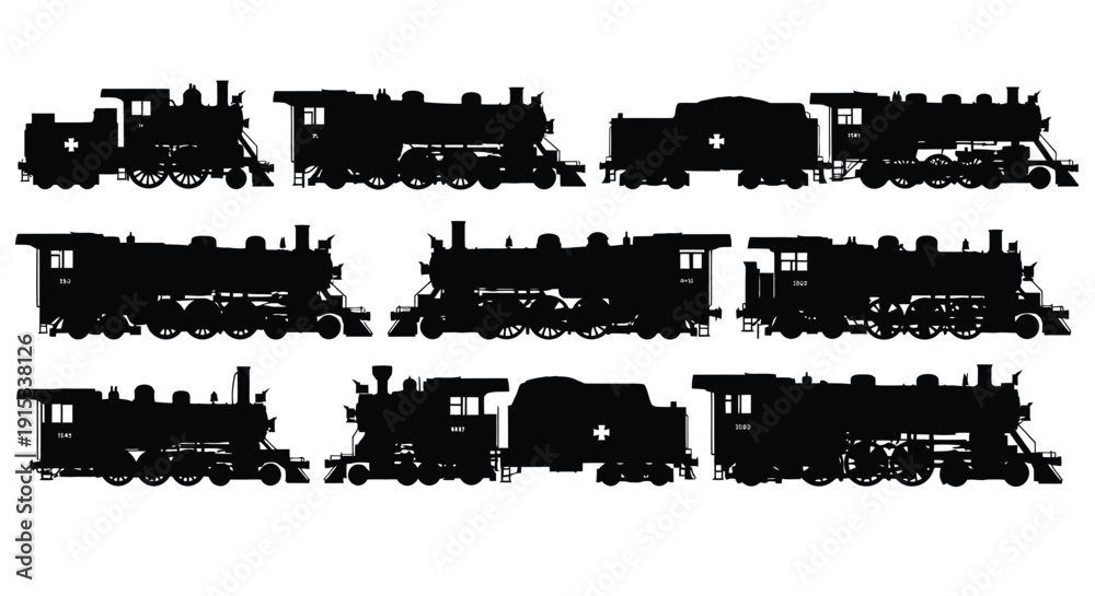Fototapeta premium Collection of Diverse Steam Locomotive Silhouettes on White Background