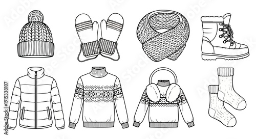 A collection of winter clothing and accessories for cold weather protection Vector
