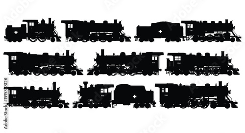 Collection of Diverse Steam Locomotive Silhouettes on White Background