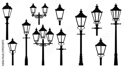 Collection of diverse vintage street lamp silhouettes on a white background