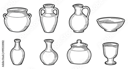 A diverse collection of ancient pottery and ceramic vessels Vector