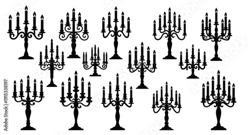 Collection of Elegant Black Candelabra Silhouettes on a White Background