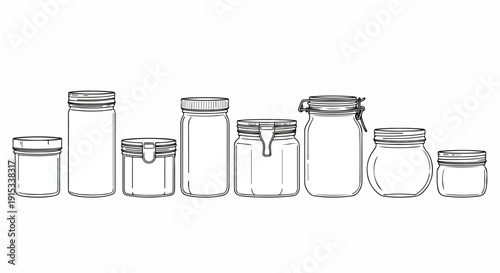Assorted glass jars with metal lids in various shapes and sizes Vector