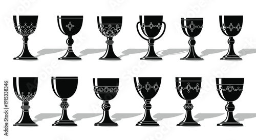 Collection of ornate black chalices with detailed engravings arranged in two rows