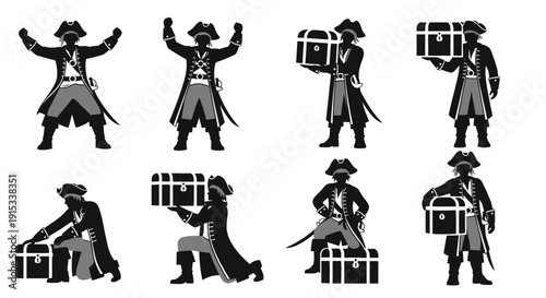 Collection of Pirate Silhouettes Engaged in Various Activities with Treasure Chests