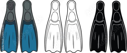 Flippers silhouette & Outline and illustration set isolated on transparent background