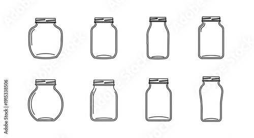 Eight different types of jars with lids, all lined up in a row Vector