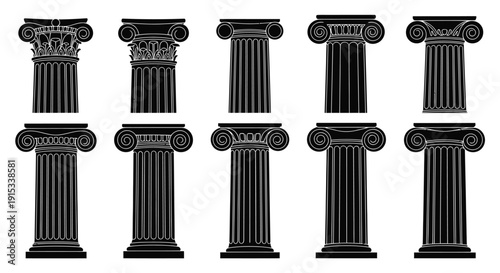 Collection of Stylized Black Ionic and Corinthian Architectural Columns on White Background