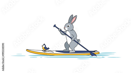 Whimsical cartoon rabbit enjoys a day on the water by stand up paddleboarding with a small blue bird passenger perched on the front of board.