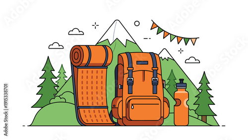 Outdoor adventure camping equipment including a large backpack, rolled sleeping mat, and water bottle against a mountain backdrop.