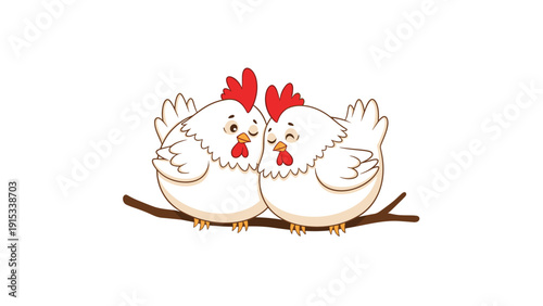 Pair of cute white chickens sitting closely together on a brown tree branch symbolizing love and companionship in a cartoon style.