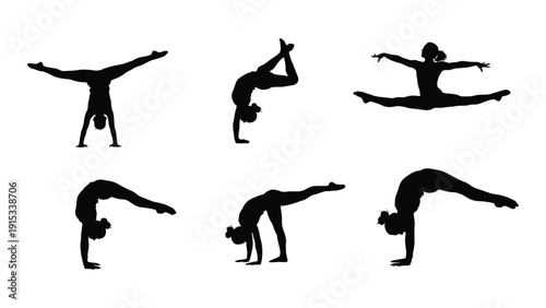 Diverse yoga poses demonstrated by silhouetted figures in various positions isolated on white background, Vector