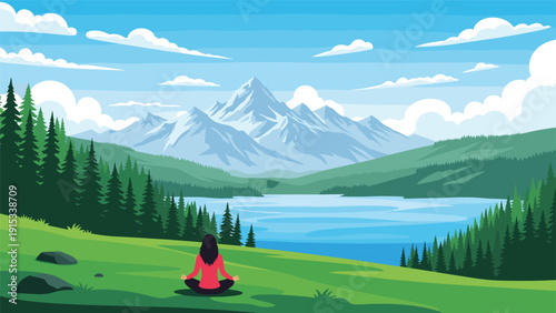 Woman meditating in a lotus position on a green meadow overlooking a calm mountain lake and snowy peaks for mental wellness.