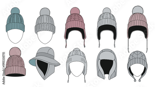 Set of various knitted winter hats and beanies in different styles and colors for cold weather fashion and outdoor activities.
