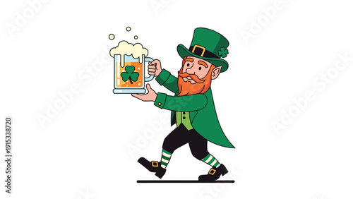 Traditional leprechaun character wearing a green suit and hat holding a large frothy mug of beer decorated with a lucky shamrock.