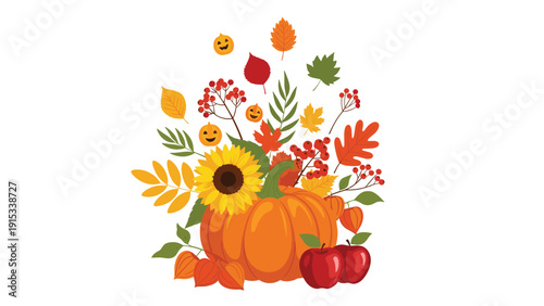 Rich autumn harvest arrangement featuring a large pumpkin, sunflower, red apples, and various colorful fall leaves and berries.