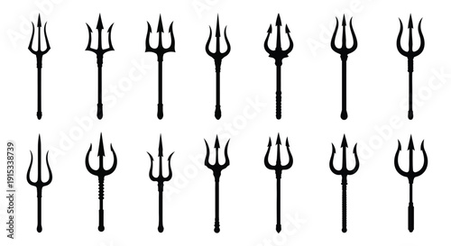 Collection of varied silhouette trident weapon icons with different ornamental designs on white