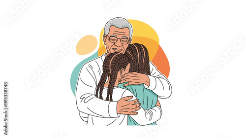 Loving grandfather wearing glasses and embracing two young girls with braided hair shown from a front perspective with colors.