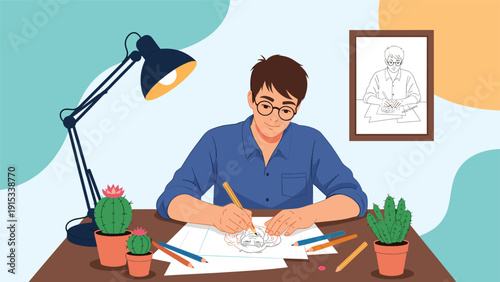 Male artist wearing glasses focused on drawing a portrait at his desk equipped with a lamp, pencils, and potted cactus plants.