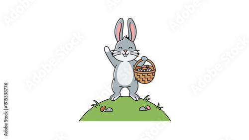 Happy gray rabbit character standing on a green hill and waving while holding a woven basket filled with freshly picked mushrooms.