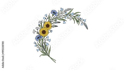 Elegant floral arrangement in a crescent shape featuring bright sunflowers, bluebells, and delicate green leaves on white.