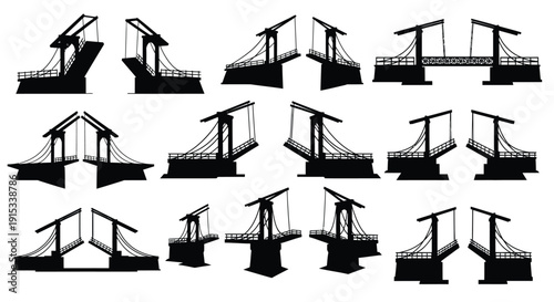 Collection of various silhouetted bascule bridges in different orientations and positions
