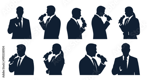 Diverse business professionals communicating through microphones in silhouette style