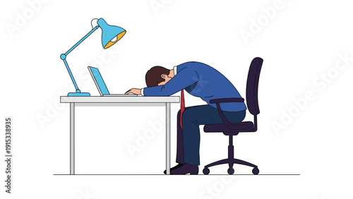 Illustration of an exhausted businessman sleeping at his office desk with his head on his arms next to a laptop and a desk lamp, symbolizing burnout.